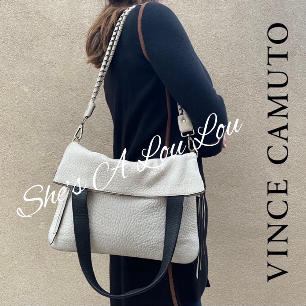 Vince Camuto•IDA Seashell/Black Bubble Lamb Leather Flap Tote/Bag w/decor strap